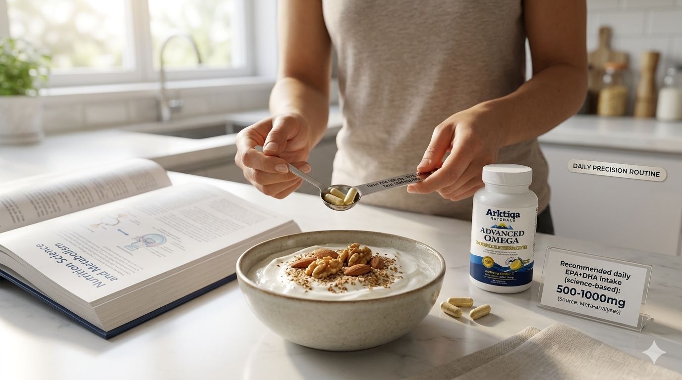 Omega 3 capsules next to a calendar and a glass of water, representing the recommended daily dose of EPA and DHA