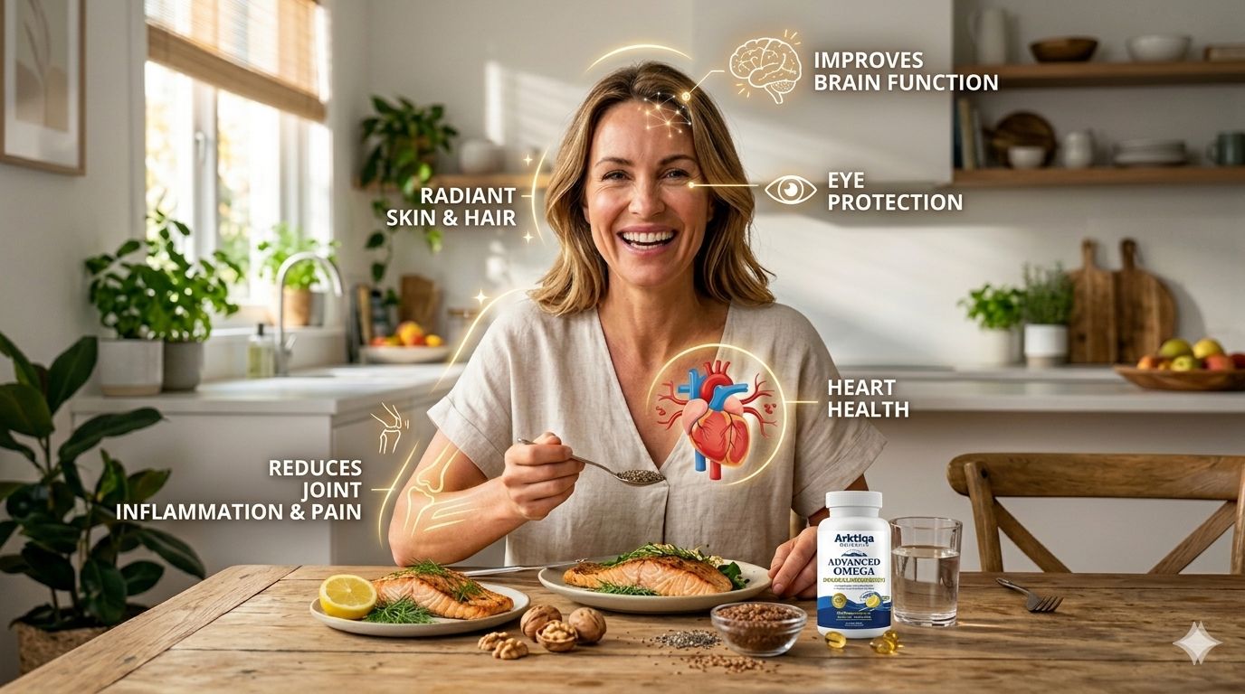 Woman eating salmon at a kitchen table, surrounded by infographic labels highlighting the main Omega 3 benefits: brain function, cardiovascular health, vision, skin and hair, and inflammation reduction
